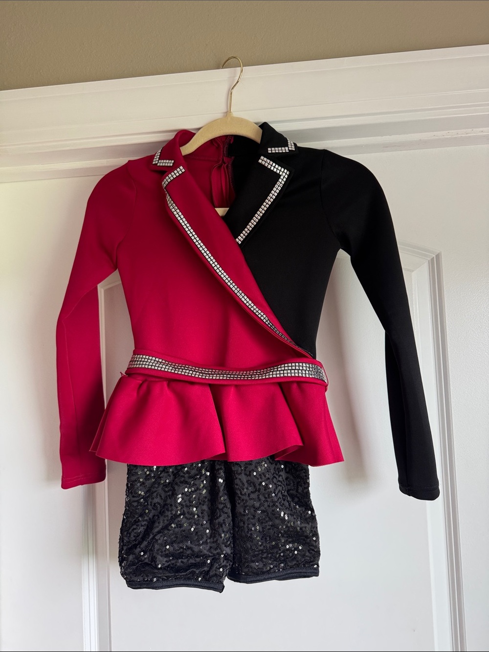 Weissman red and black blazer style dance costume with black sequined shorts